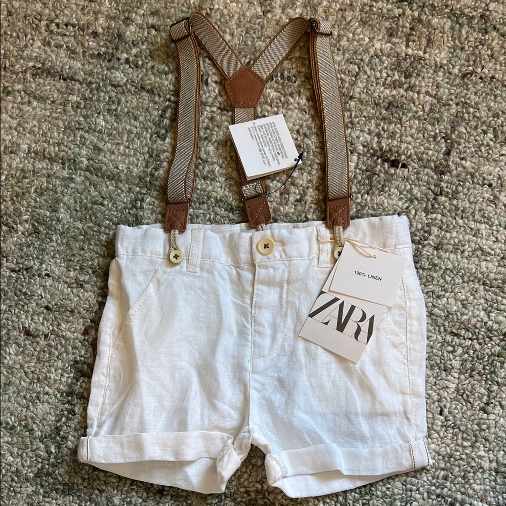 Zara Cream Linen Shorts with Tan Suspenders